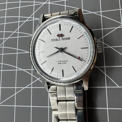 Beijing 31mm manual mechanical watch with silver case, three hands, classic China-made elegance.