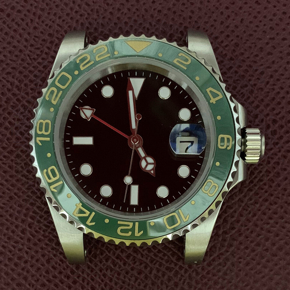 Boîtier de montre GMT 40 mm en acier inoxydable 3804 316L, verre saphir, aiguilles lumineuses