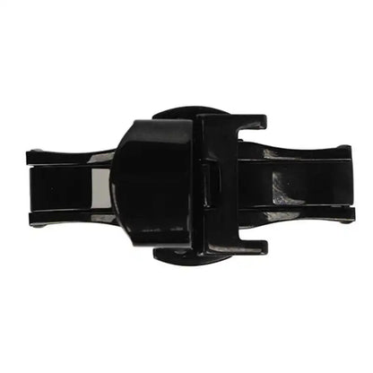 Black stainless steel double push button watch clasp buckle, ensuring secure fit for various watch straps.