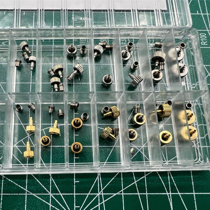 Wholesale stainless steel watch crown, silver and gold finish, screw-on tube with gasket for durability.