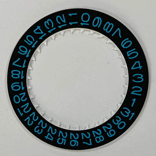 Blue font date wheel on black background, compatible with NH35 watch movement, precision date disk.