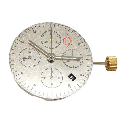 Asian 7750 chronograph movement with black dial, single calendar at 4:30, and second subdial at 9, ETA style.