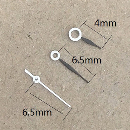 Polished black tip watch hands 6.5mm for Miyota 1L12 quartz, no lume, sleek design.