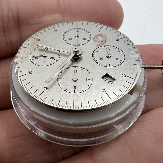 China Made 7750 mechanical watch movement with white dial, single calendar, small seconds at 3, 6, and 9 o'clock positions.