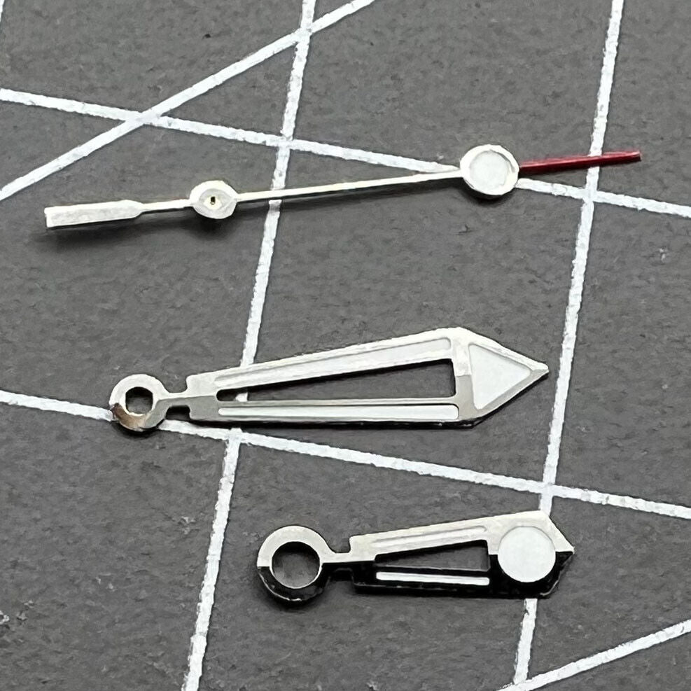 Green lume pointed hollow silver trim 13mm watch hands by Miyota for NH35, NH36, NH38 models.