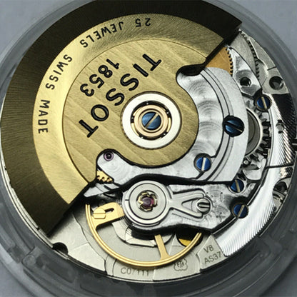 Close-up of Swiss Made ETAC07.111 mechanical watch accessory showing date display at 6 o'clock.