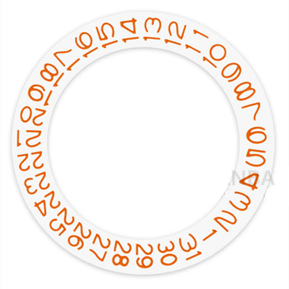Orange date disk wheel for Miyota NH35 NH36 watch movement, date window at 3 o'clock position.