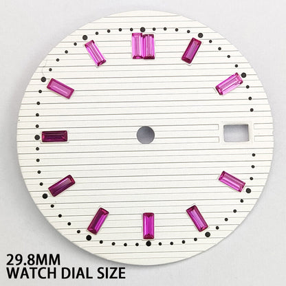 Pink imitation gemstone nail watch dial, 29.8mm, white background, compatible with NH35 movement, elegant design.