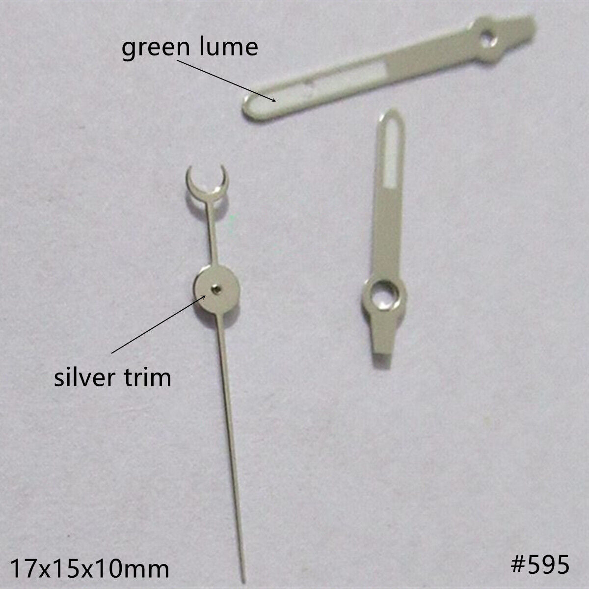 Silver-trimmed 17mm green luminous watch hands set for Miyota 2035 movement, enhancing visibility and style.