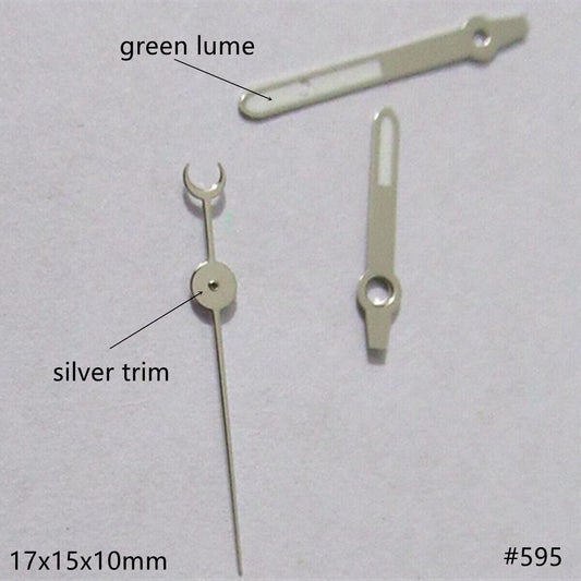 Silver-trimmed 17mm green luminous watch hands set for Miyota 2035 movement, enhancing visibility and style.