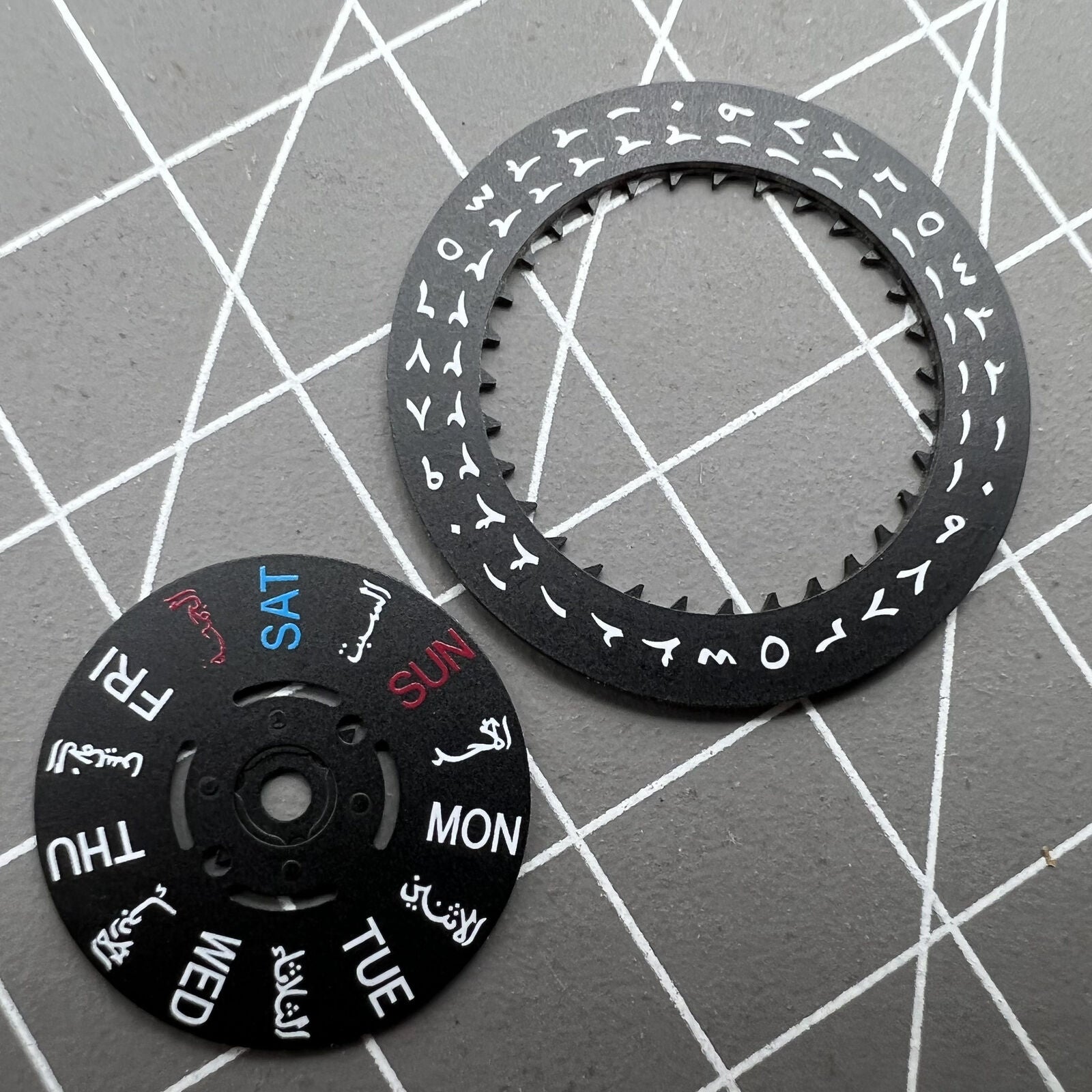 Black Arabic and English date and week disk wheels for NH36 3/3.8 watch movement, precision parts