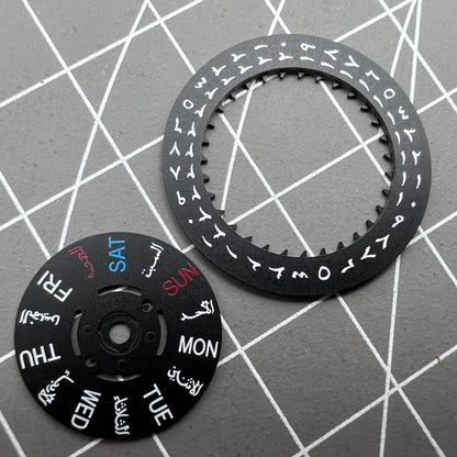 Black Arabic and English date and week disk wheels for NH36 3/3.8 watch movement, precision parts