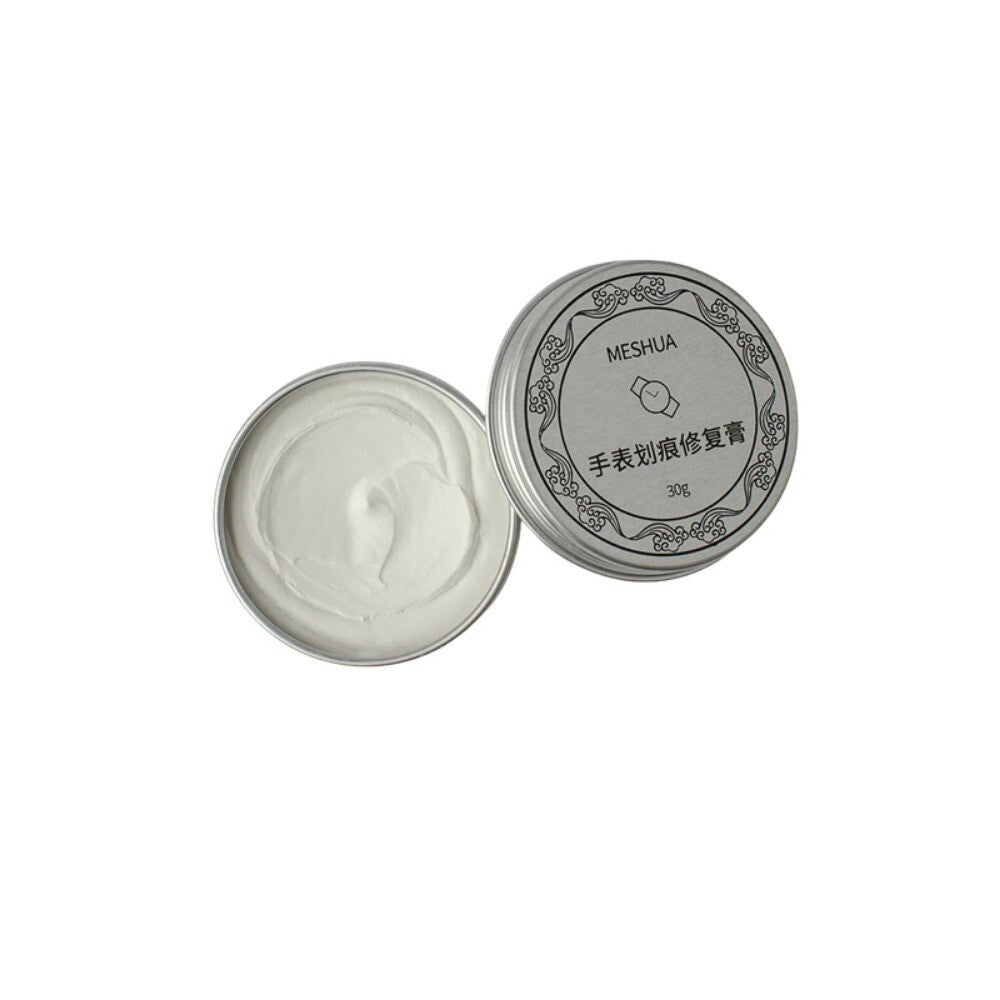 Watch abrasive polishing paste with cloth and sandpaper for effective scratch removal and restoration.