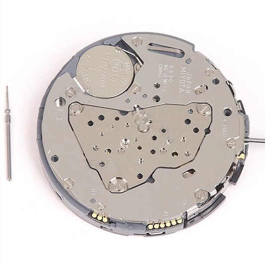 Miyota 6S30 quartz watch movement showing date at 4 o'clock and small seconds at 2, 6, and 10 positions
