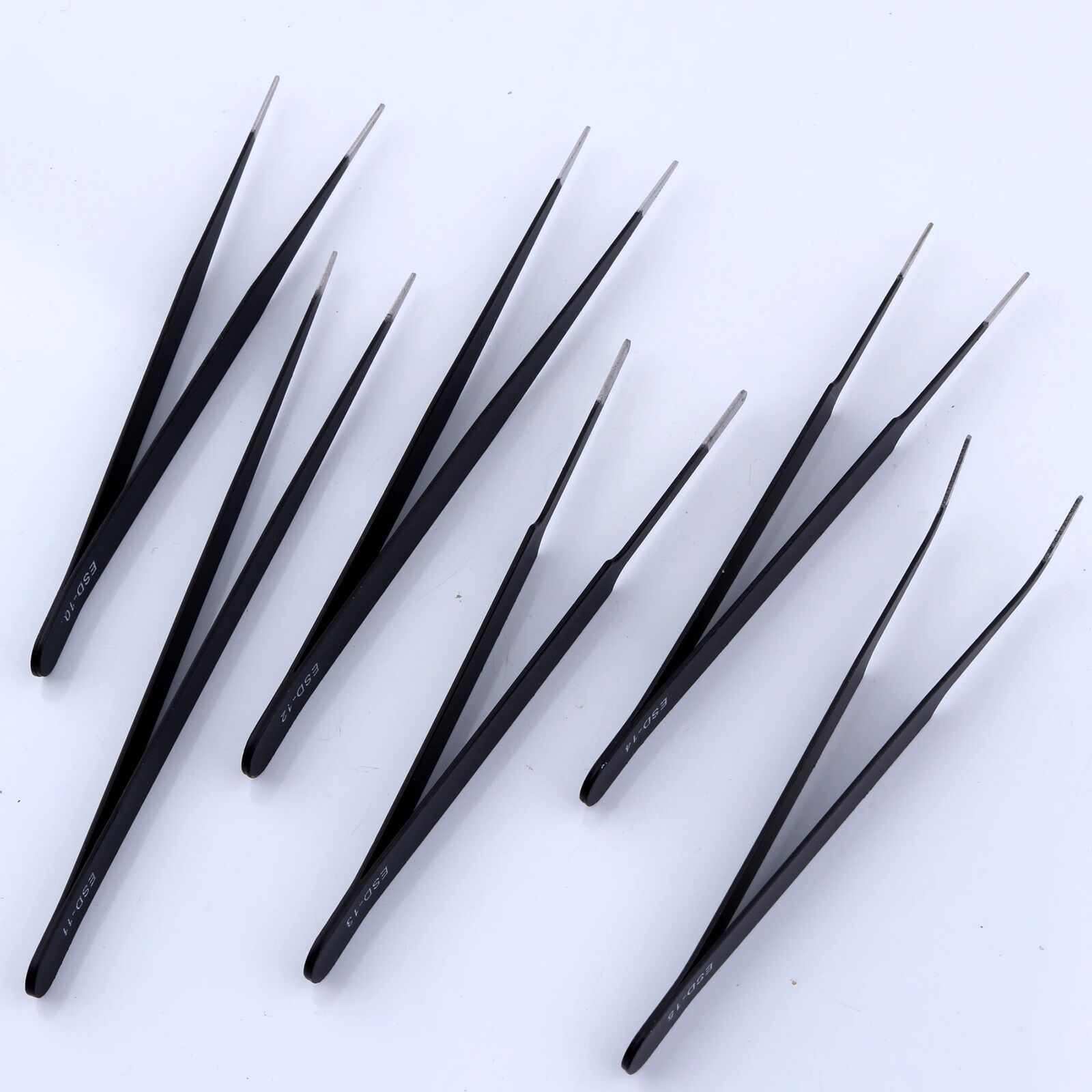 Set of 6 anti-static stainless steel black plating tweezers with PVC bag for watch and jewelry repair.