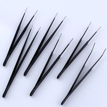 Set of 6 anti-static stainless steel black plating tweezers with PVC bag for watch and jewelry repair.