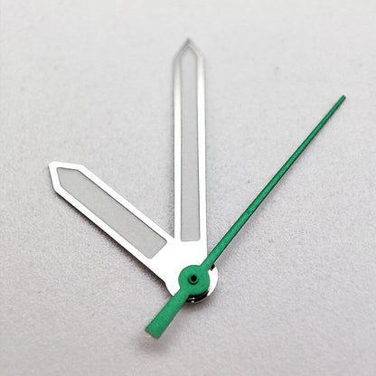 Silver-trimmed green luminous watch hands for NH35A/NH36A/4R36 movements, ensuring precise timekeeping by Seiko-compatible brand.