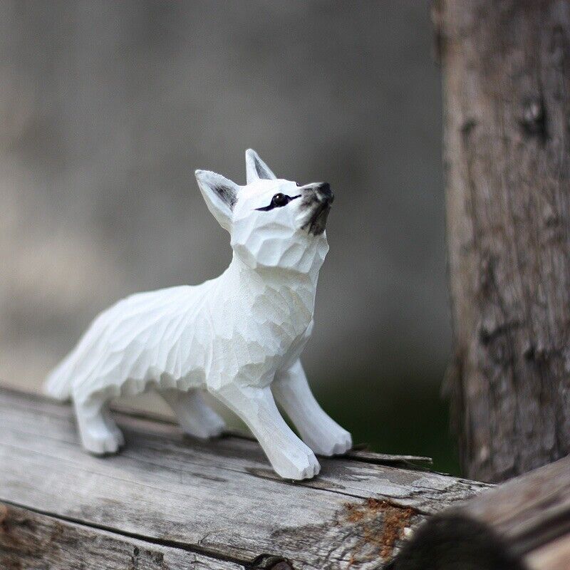Handmade Head Up White Fox wooden figurine, perfect decorative collectible for home or office shelves.
