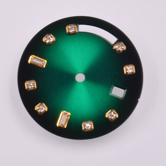 Golden nail-style green watch dial 28.5mm for Seagull ST1644 movement, no lume or scale, Elegant design.