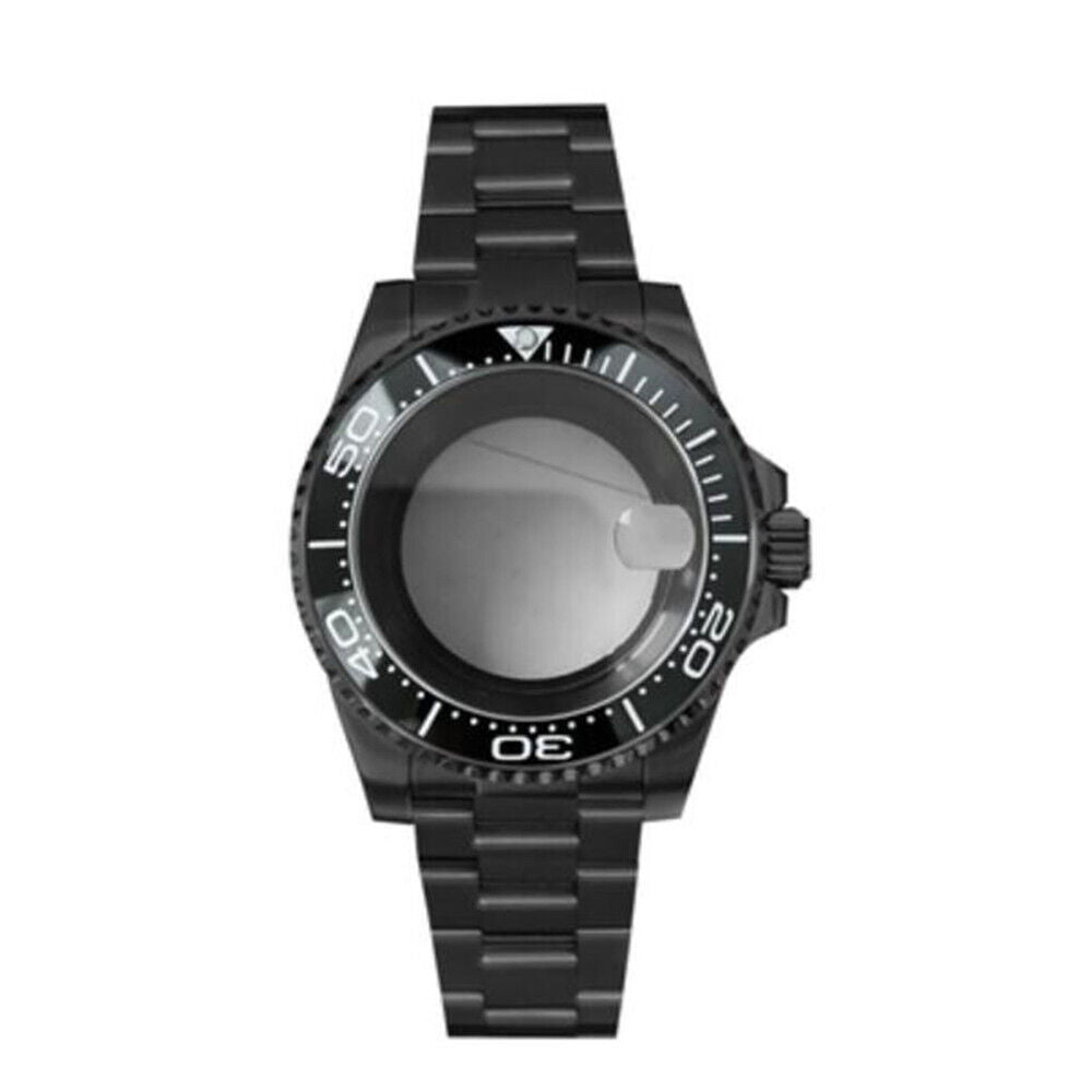 PVD black SUB watch case with strap, 40mm sapphire glass, 5ATM water-resistant, fits NH35/NH36 movements.