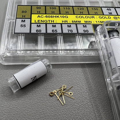 Golden watch hands set in 18 sizes for hour, minute, and second, perfect for precise timepiece repairs.