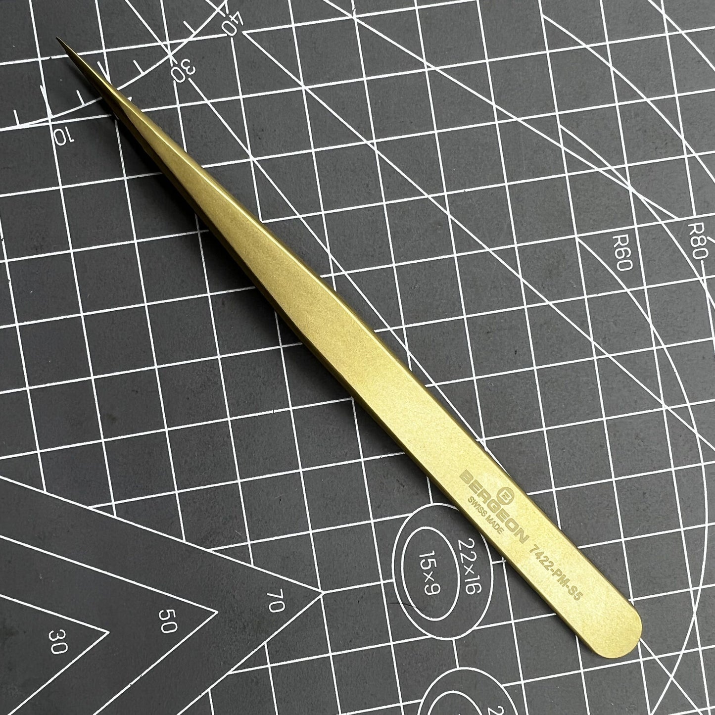 Swiss Bergeon 7422-PM-S5 brass anti-magnetic tweezers for precise watch repair and handling.