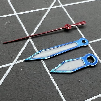 Blue and red trim green lume watch hands set for Ronda 515 movement, 2 sets per pack.