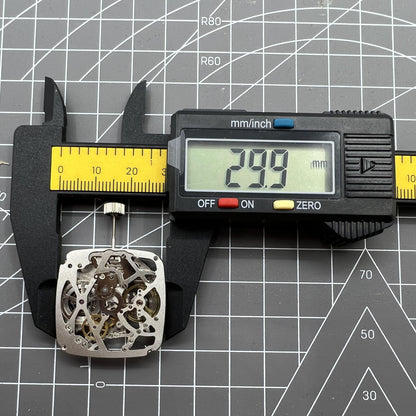 Tianjin Seagull ST25 square watch featuring silver skeleton dial and automatic mechanical movement for precise timekeeping.