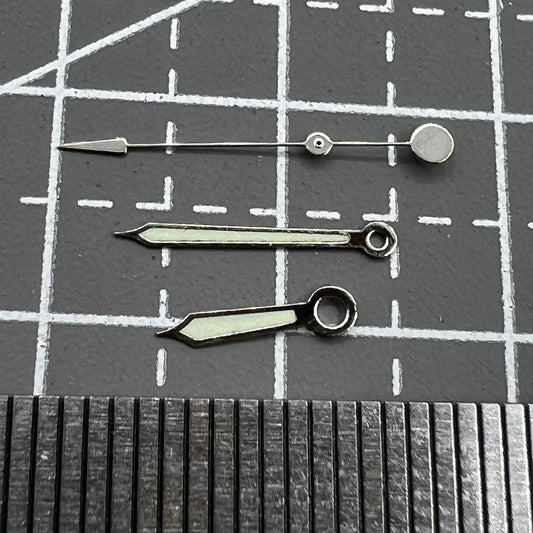 Green luminous watch hands with silver trim for Miyota 2035, 2115, 2105, 2305, 2315 movements.