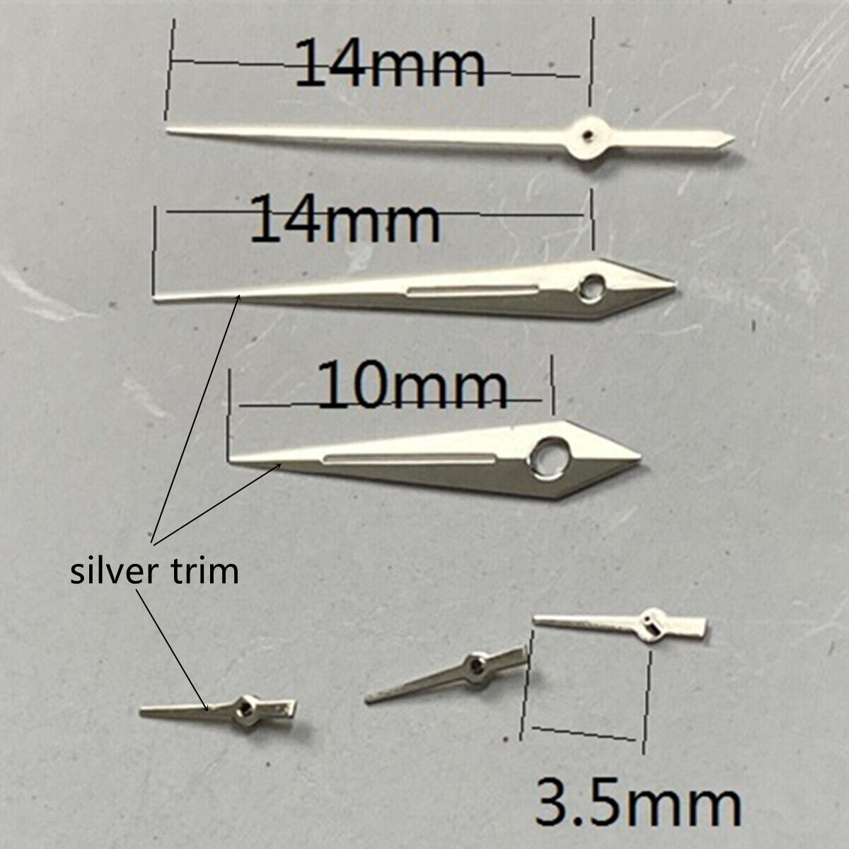 Silver trim arrow-shaped green lume watch hands for VD53 VD54 VD57 movement, precise fit and luminous visibility.