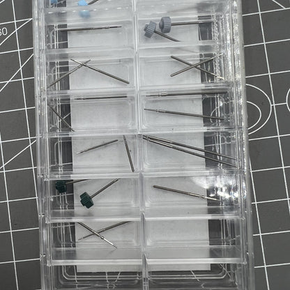 Set of 38 original Ronda winding stems in 19 sizes for precise watch movement adjustments by Ronda