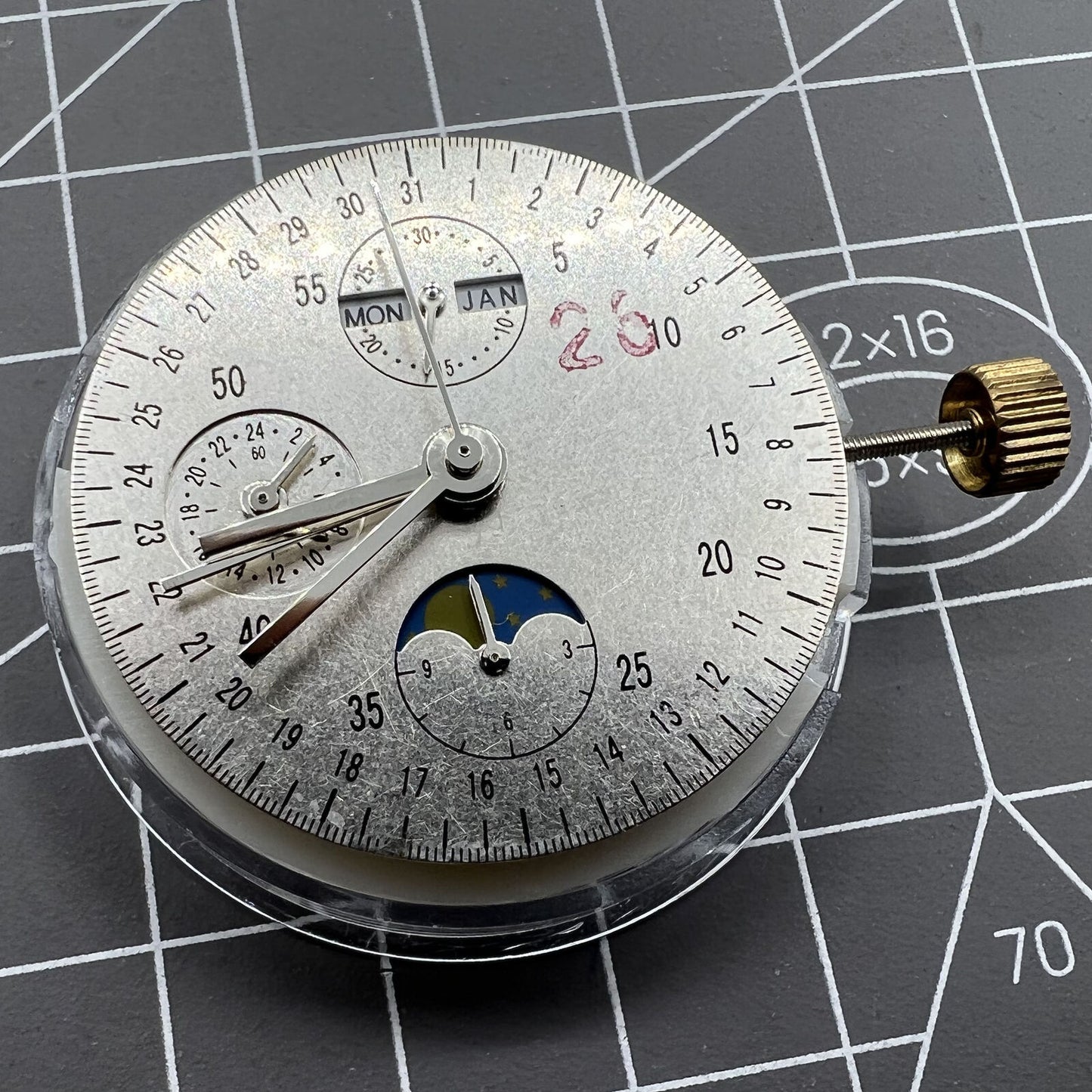 Dandong 7751 automatic watch movement with 8 hands showing multifunctional time features