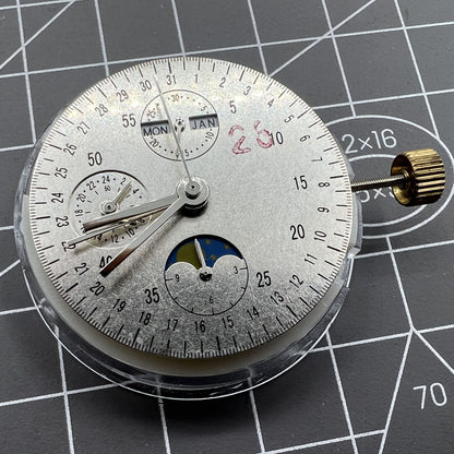 Dandong 7751 automatic watch movement with 8 hands showing multifunctional time features