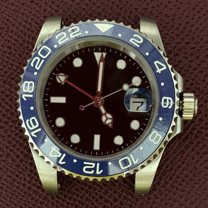 Boîtier de montre GMT 40 mm en acier inoxydable 3804 316L, verre saphir, aiguilles lumineuses