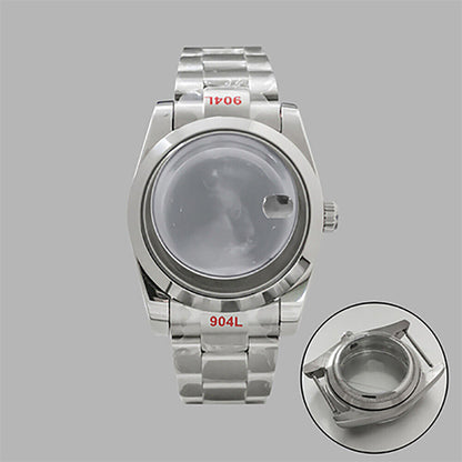 36mm stainless steel watch case and strap, featuring a transparent calendar window, compatible with NH35/36 movements.