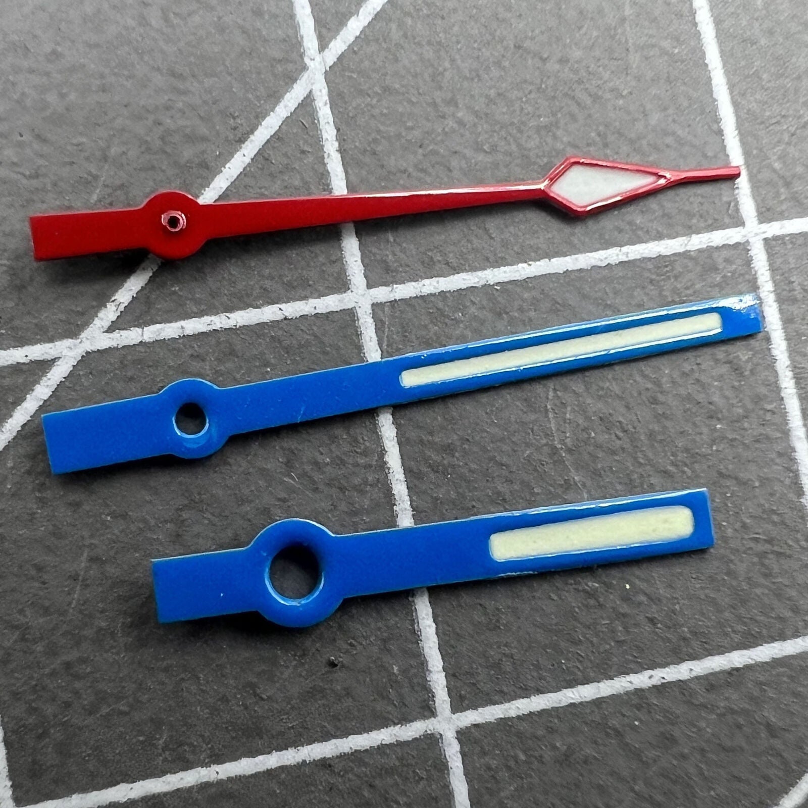 14mm watch hand set with blue and red trim, green lume, compatible with Ronda 515 quartz movement