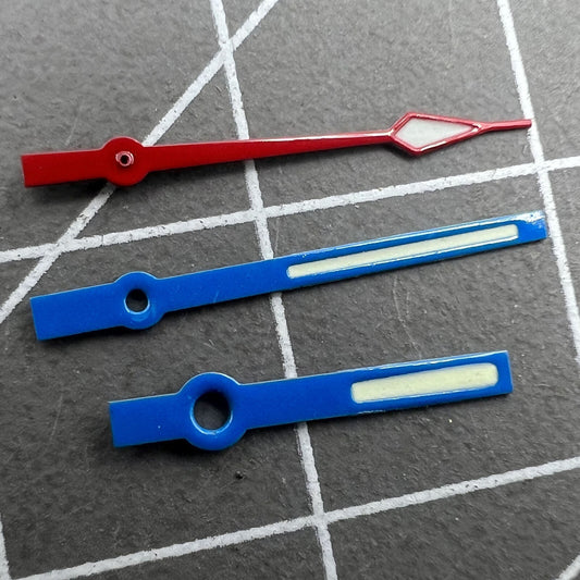 14mm watch hand set with blue and red trim, green lume, compatible with Ronda 515 quartz movement
