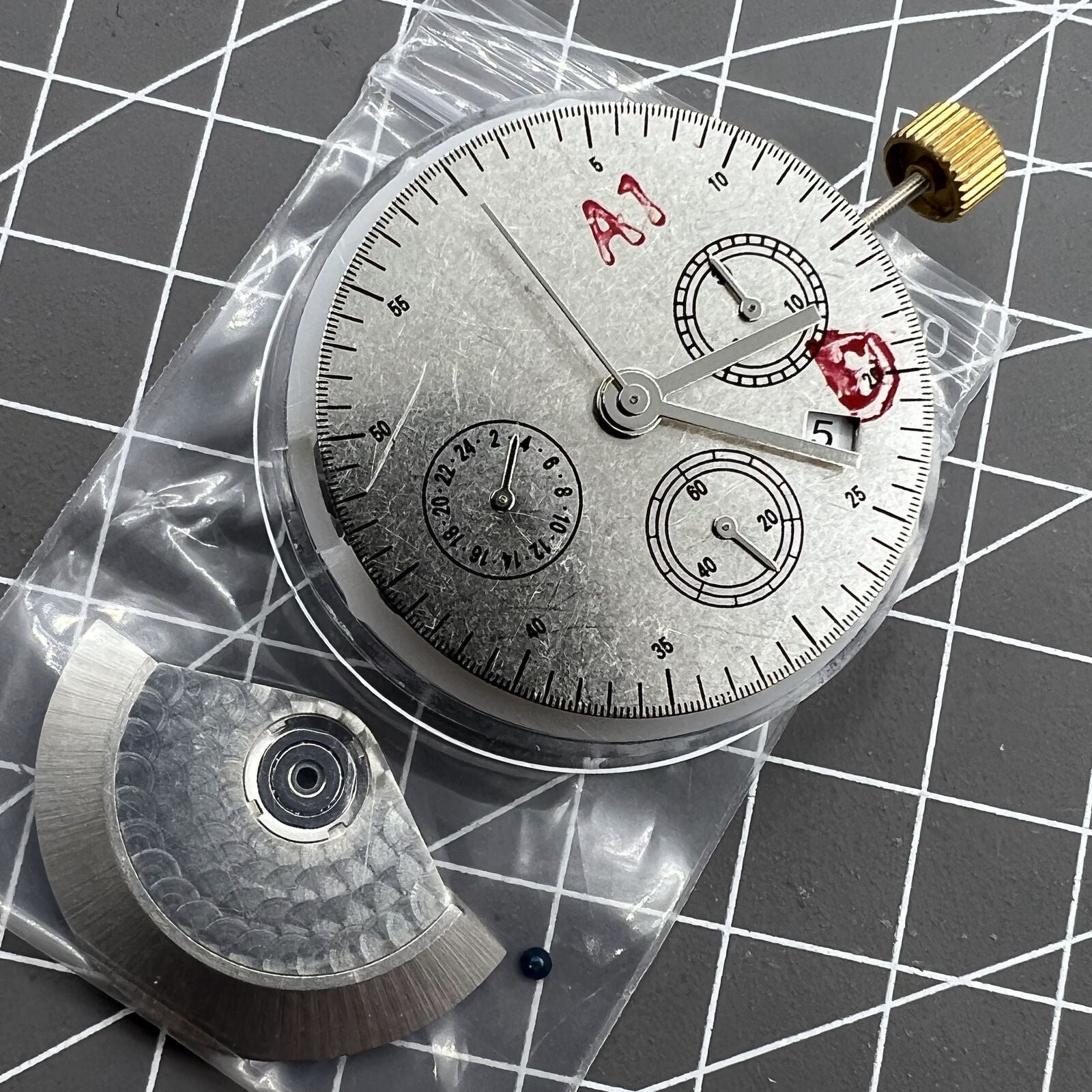 Automatic chronograph watch with ETA 7753 movement and small seconds at 6 o?clock.