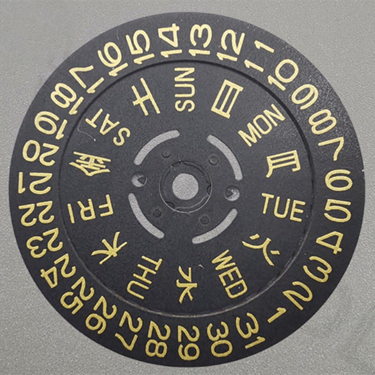 Black date disk wheel with golden font for NH36 movement, date at 3 o'clock, crown at 3/3.8 position