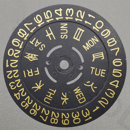 Black date disk wheel with golden font for NH36 movement, date at 3 o'clock, crown at 3/3.8 position