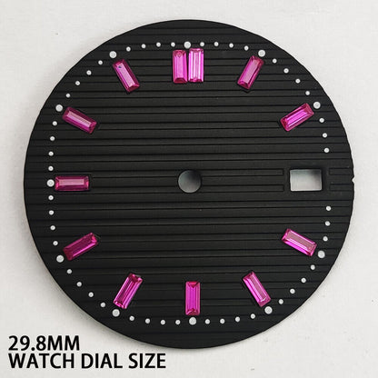 Pink imitation gemstone nail black watch dial, 29.8mm for NH35 movement