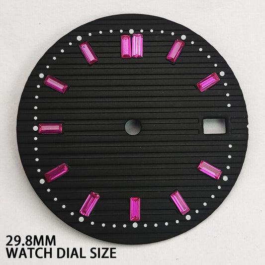 Pink imitation gemstone nail black watch dial, 29.8mm for NH35 movement
