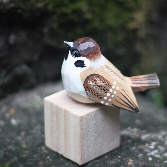 Handmade wooden sparrow figurine sculpture by New Cute, perfect decorative artwork for home decor.