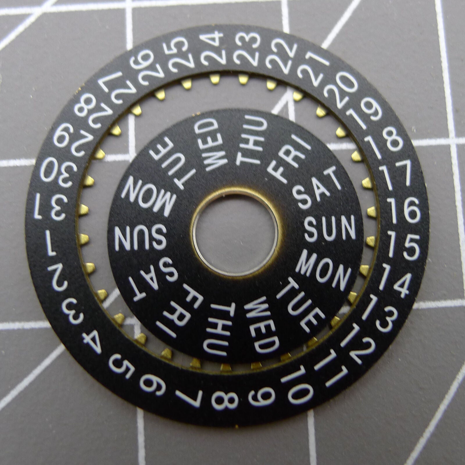 Pilot black date and week disk wheels for China Made Dandong 7750 watch movement, precise fit.