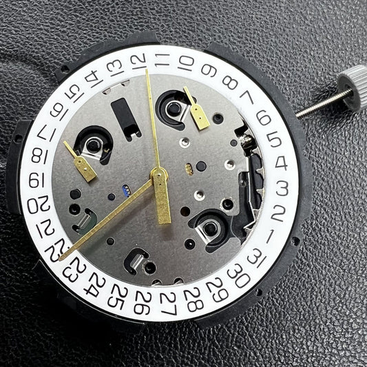 Swiss ETA G10.212 quartz watch movement showing 3 hands and date function for precision timing.