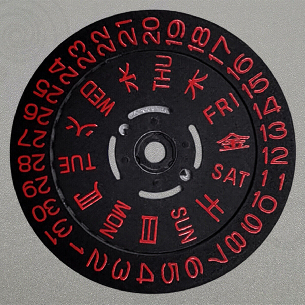 Red font date disk wheel for NH36 movement, date at 3.8, Japan Made by Seiko for accurate watch repairs.