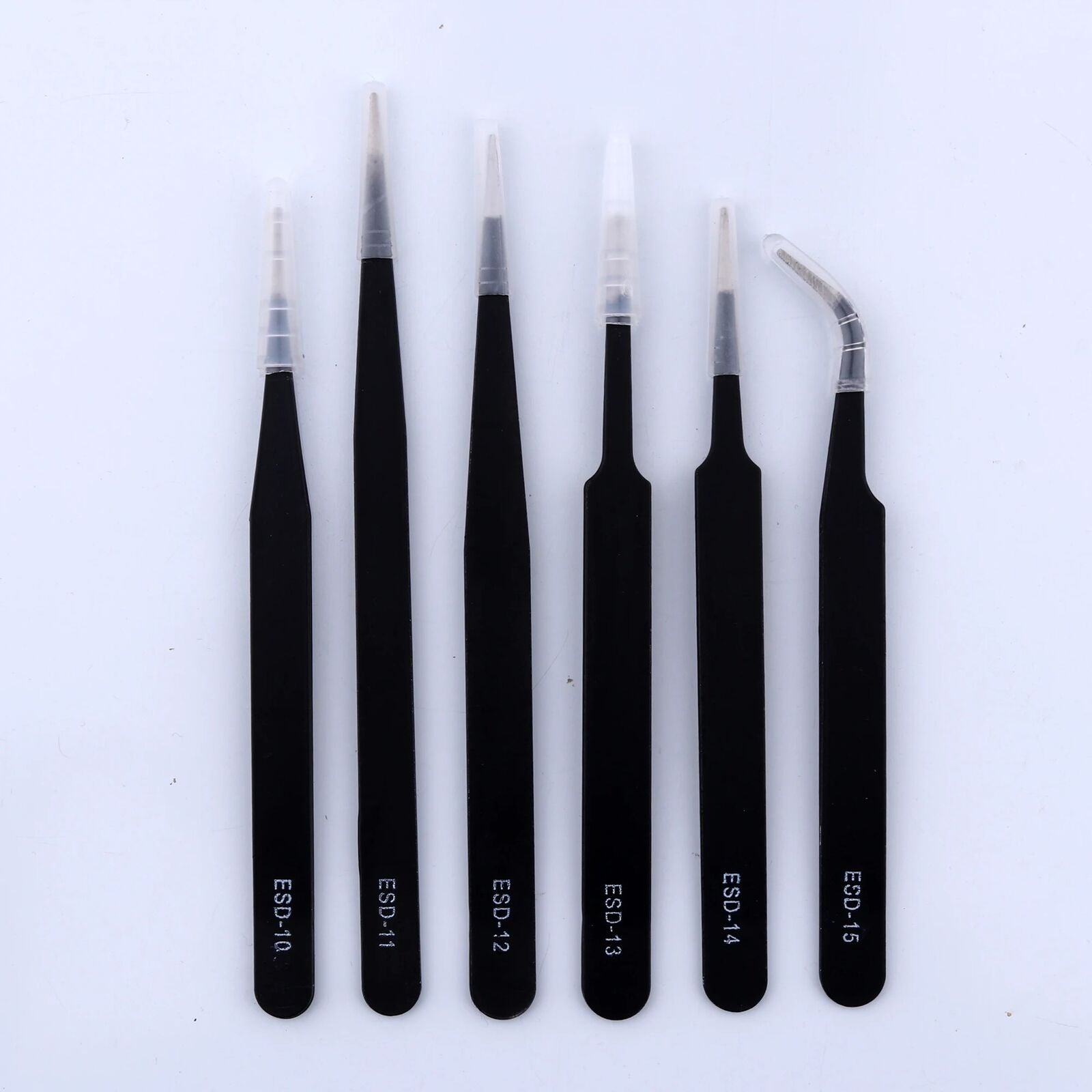 Set of 6 black plated stainless steel anti-static tweezers in PVC bag for watch and jewelry repair.