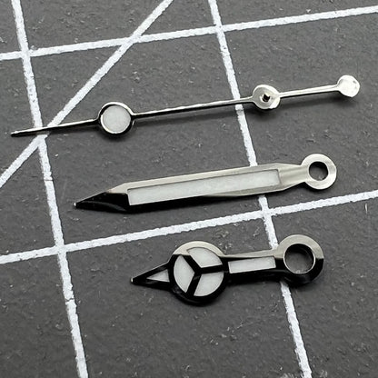 Luminous hour, minute, and second hands set for RLX 3135 movement by RLX, enhancing watch visibility.