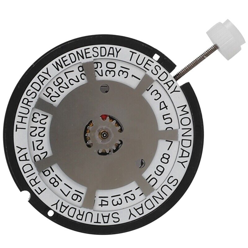 ETA 805.144 quartz watch with white dial, date at 3, day at 12, Swiss brand ETA movement.