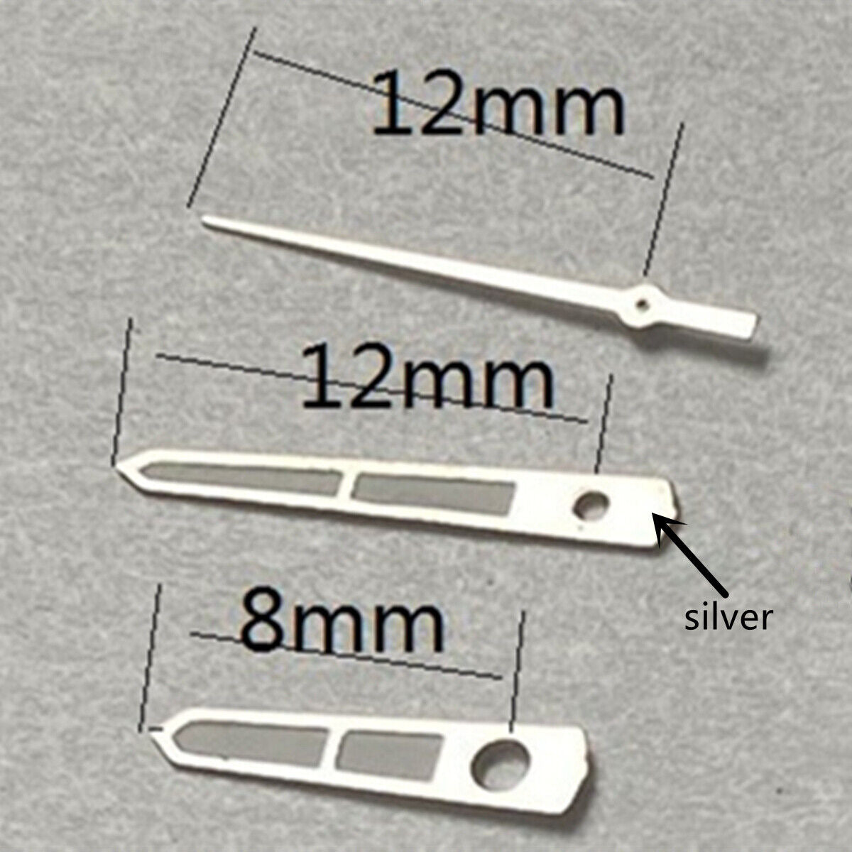Arrow shape silver trim 12mm watch hands compatible with Miyota 2315 2035 models, sleek design.